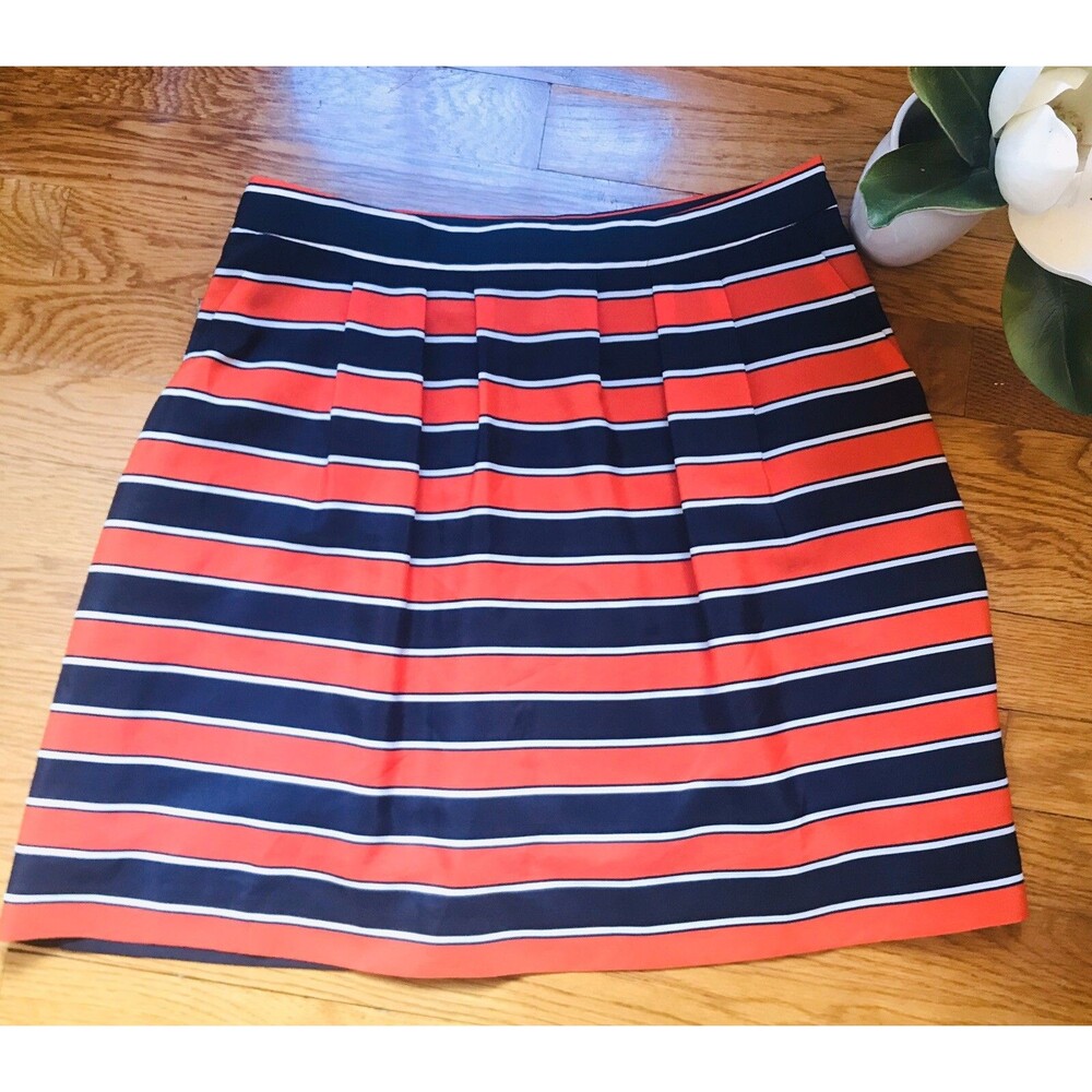 J.Crew Women's Size 4 Skirt Full Short Mini Orange Navy Blue Striped w/Pockets